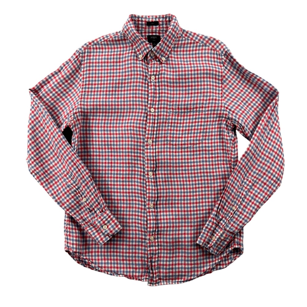 J.Crew Slim‎ Fit Linen Button Down Shirt Men Medium Red Blue Gingham Coastal USA